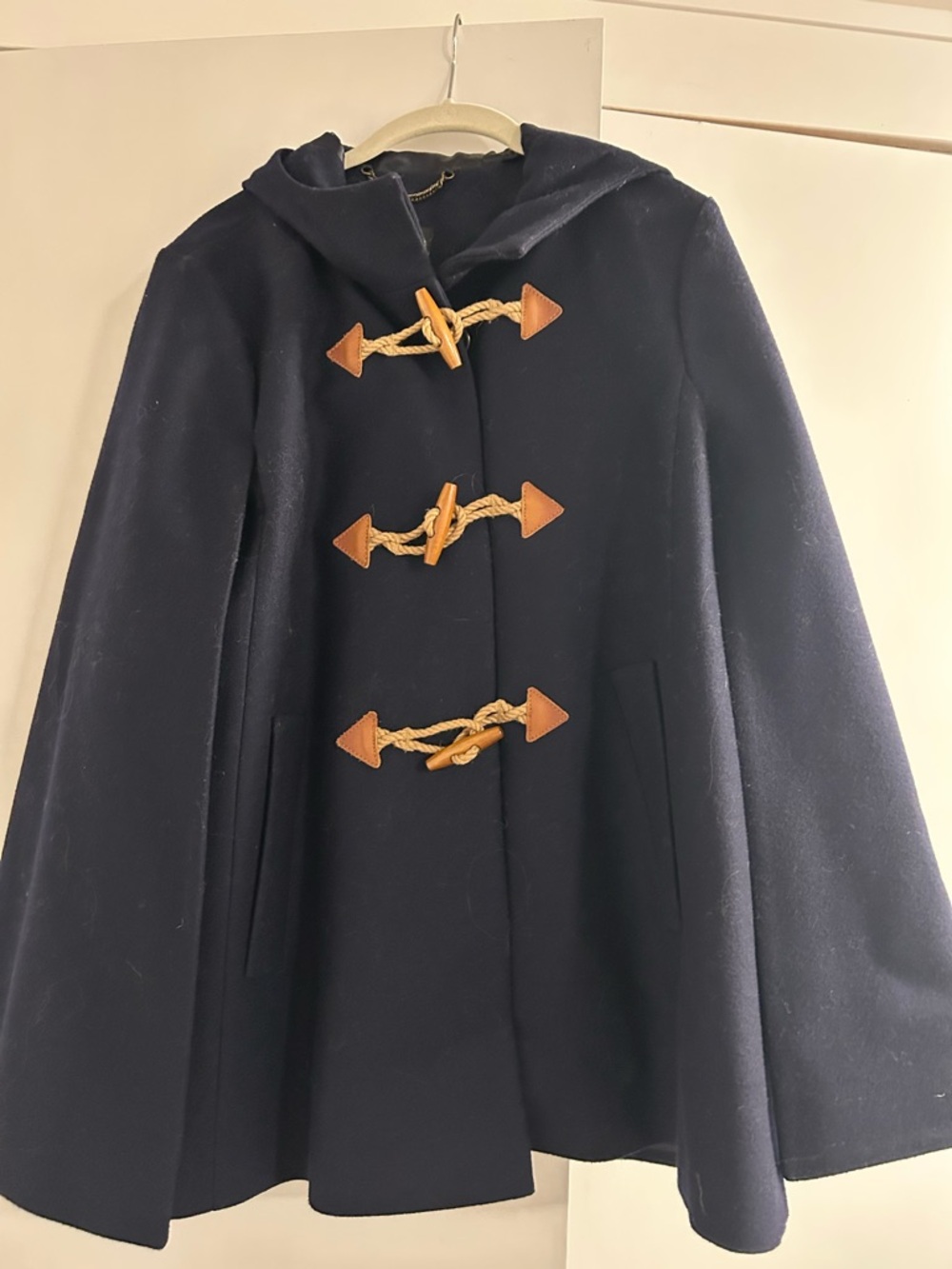 J. Crew Navy Blue cape Coat with Gold Chain Detail